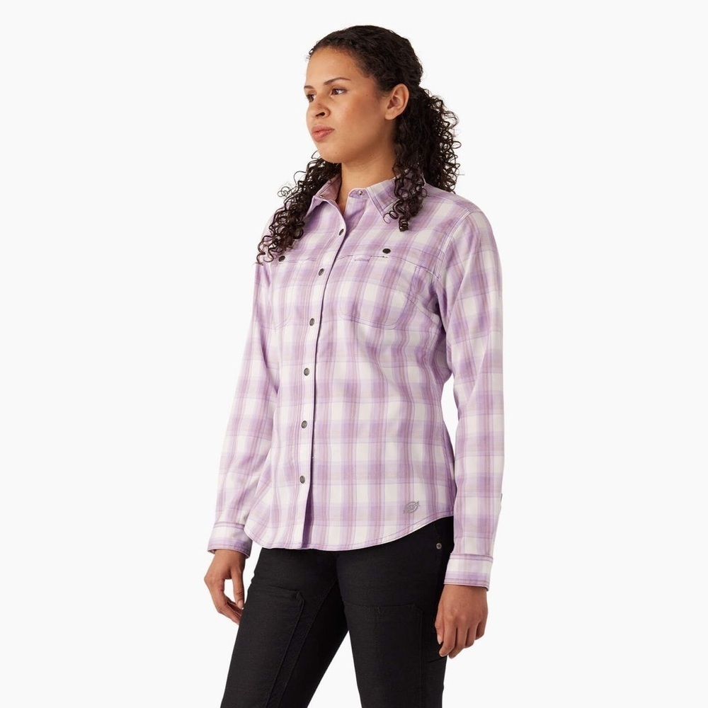NEW Dickies Cooling Roll-Tab Work Shirt in Purple‎ Rose Hillside Plaid Women’s M - Picture 2 of 12